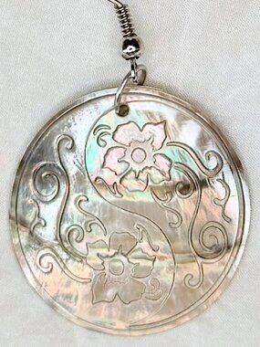 Vintage Mother of Pearl Drop Earrings Genuine Carved Shell Discs Floral Coastal